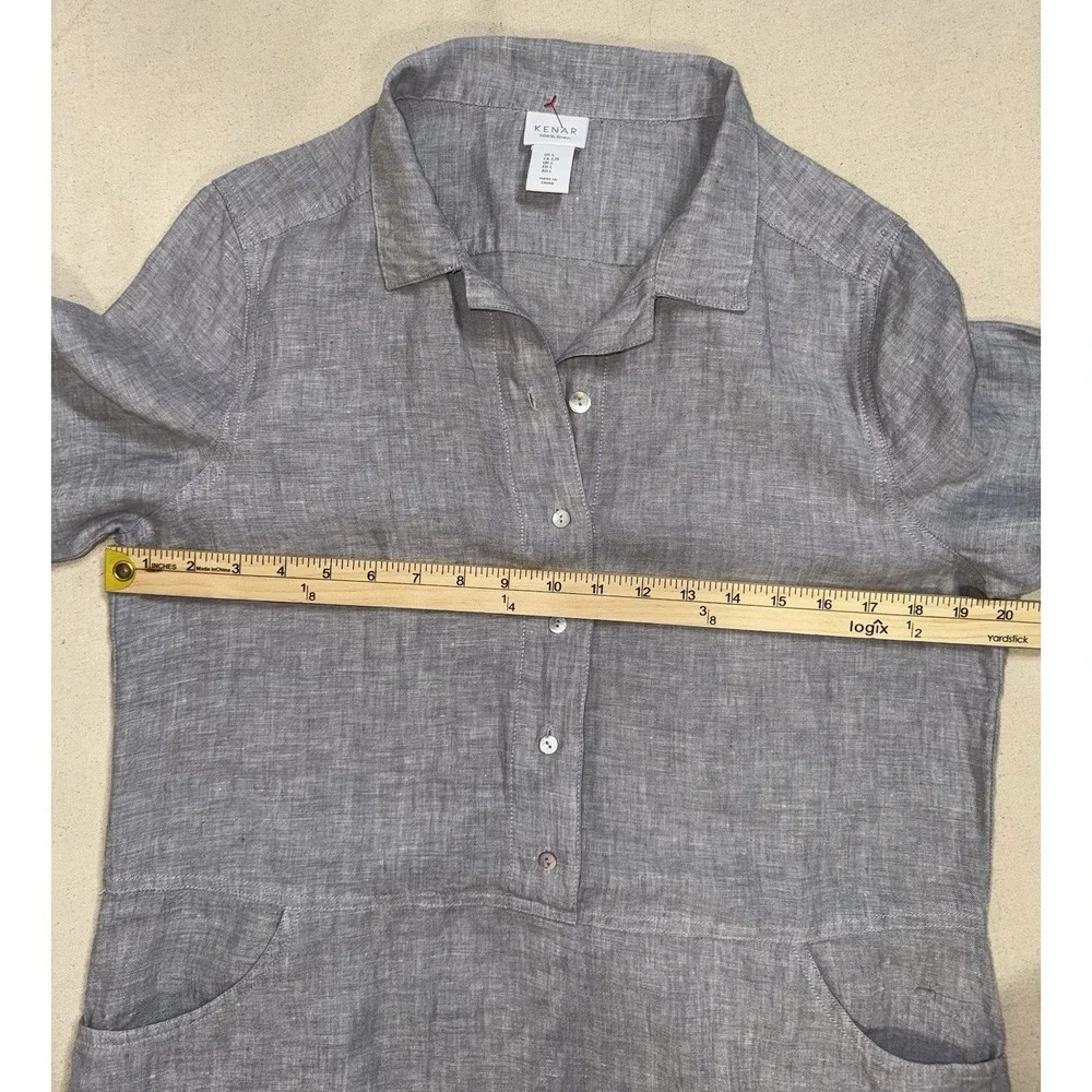 Kenar Gray 100% Linen Woven Shirt Dress Sz Large Collared MOP buttons Pockets - Picture 4 of 9